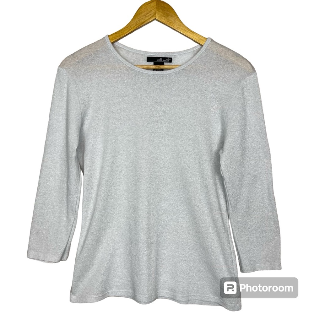 Willi Smith Pullover Top 3/4 Sleeves Shimmer Sliver Women’s Size M EUC